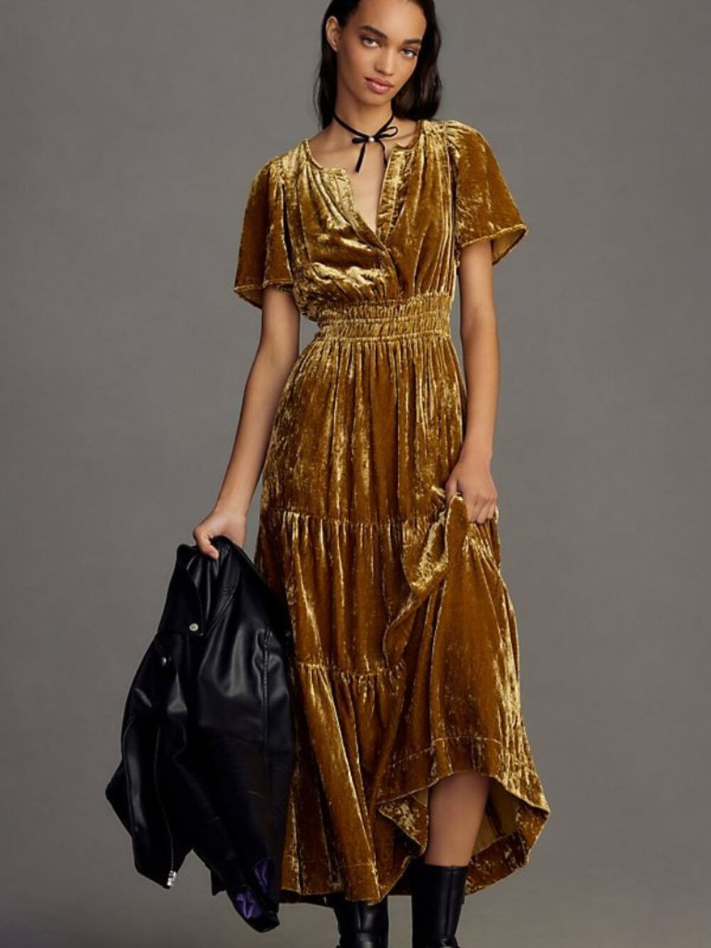 New Anthropologie The Somerset Maxi Dress: Velvet Edition Gold